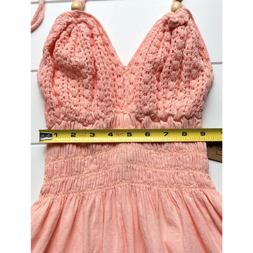 Blanco Coral Pink Crochet Lace Halter Mini Dress Size S Smocked Boho Cottagecore - Picture 11 of 12